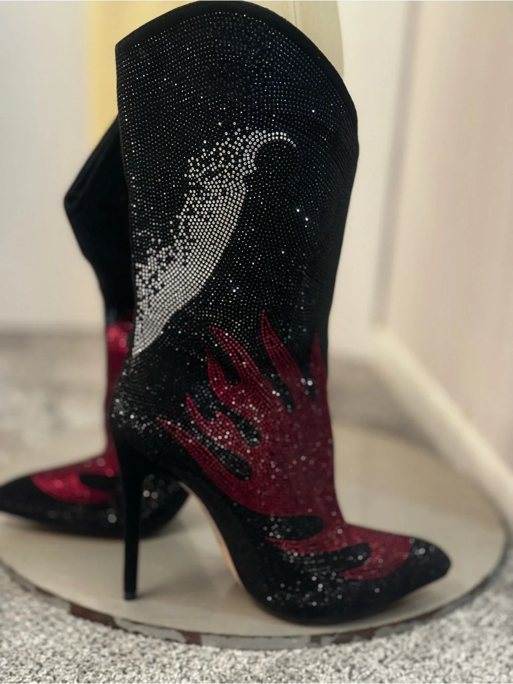 Black and Red Crystal Skull Flame Stiletto Boots . New without original box.